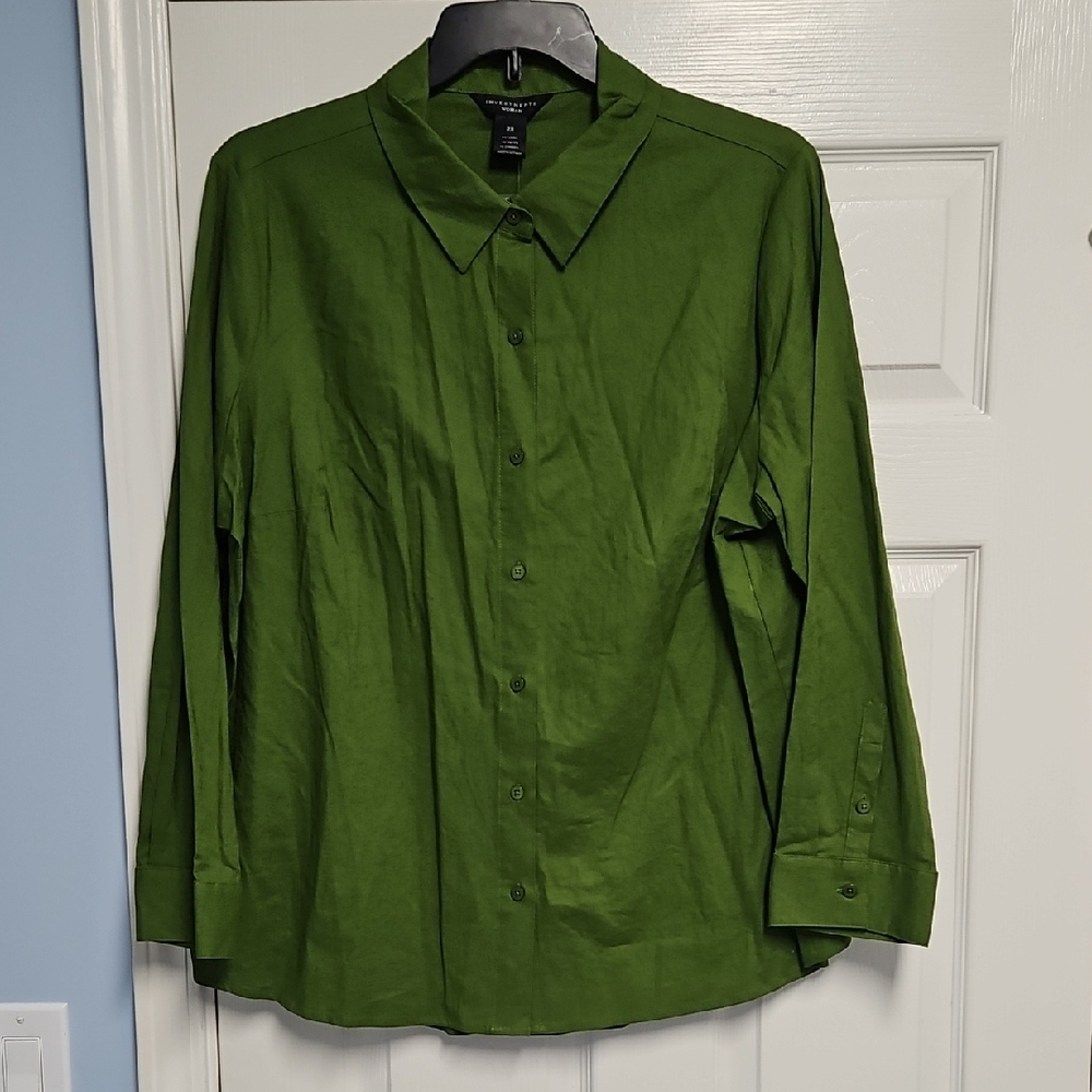 Investments Stretch Linen Collared Button Front Long Sleeve Top: Twist Of Lime